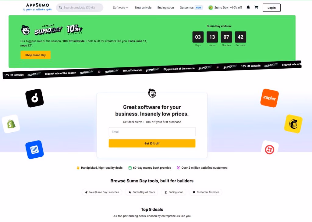 The AppSumo marketplace homepage, showing its lifetime deal listings