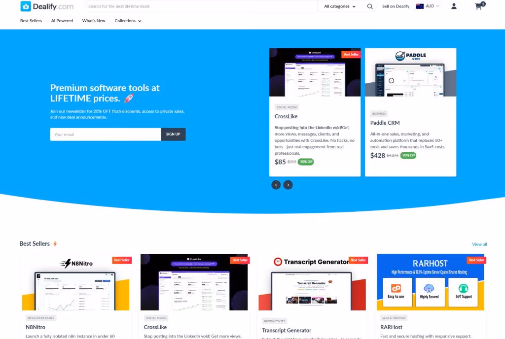 The Dealify homepage, showing its marketing and growth tool deals