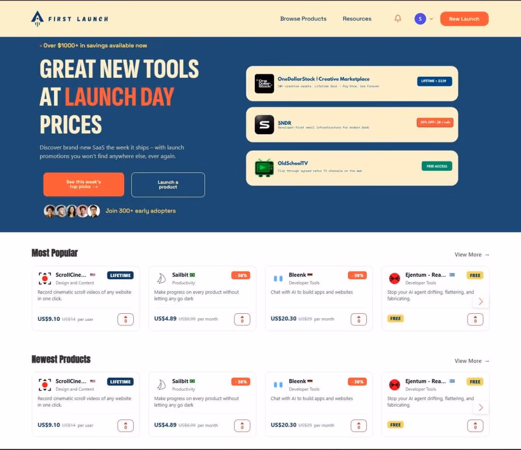 The First Launch homepage, showing its curated feed of new product launches
