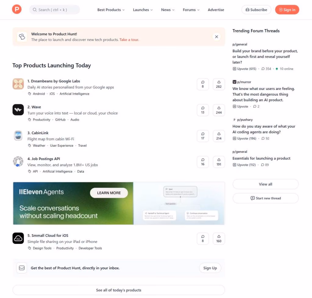 The Product Hunt homepage, showing the day's ranked product launches